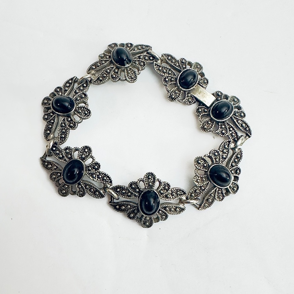 Vintage Silver‎ (possibly Sterling) (Costume Jewelry)and Black Bracelet